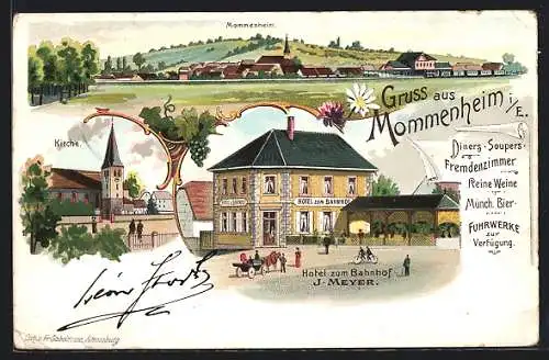 Lithographie Mommenheim i. E., Hotel zum Bahnhof J. Meyer, Kirche, Ortspanorama