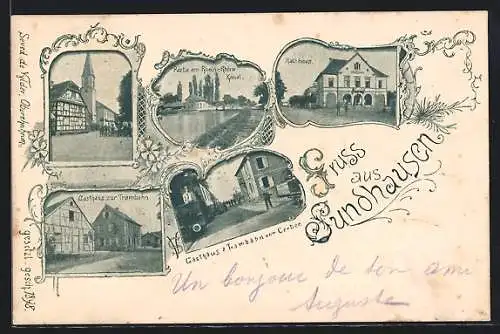 AK Sundhausen, Gasthaus zur Trambahn Cerber am Bahnsteig, Rathhaus, Kirche