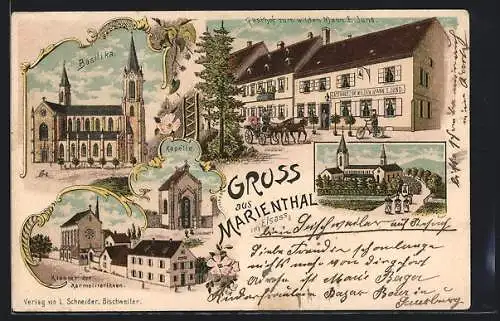 Lithographie Marienthal, Gasthof zum wilden Mann v. E. Jund, Kloster der Karmeliterinnen, Basilika, Pferdekutsche
