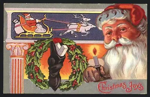 AK Weihnachtsmann mit Kerze, Socke mit Geschenken im Mistelkranz, Rentierschlitten
