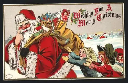 Präge-AK Weihnachtsmann wird von Kindern bestürmt