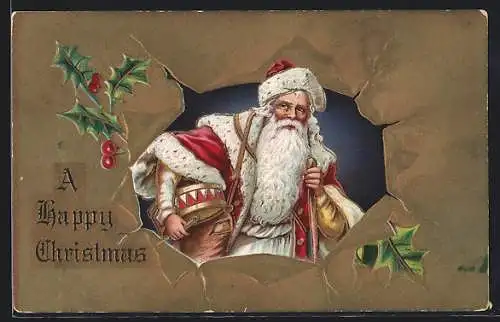 Präge-AK Weihnachtsmann mit Geschenken, Stechpalmzweige