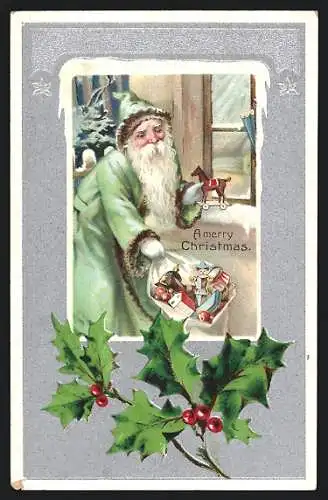 Präge-AK Weihnachtsmann in grünem Mantel mit Geschenkesack