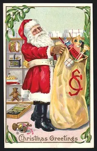 AK Weihnachtsmann packt Geschenke in seinen Sack