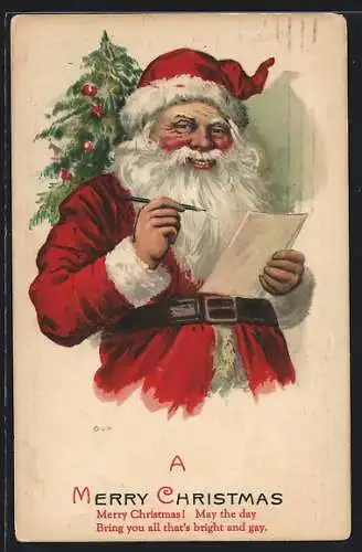 Präge-AK Weihnachtsmann mit dem Wunschzettel eines Kindes