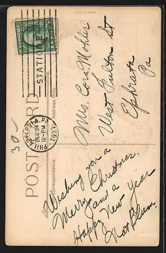 Präge-AK Weihnachtsmann mit dem Wunschzettel eines Kindes