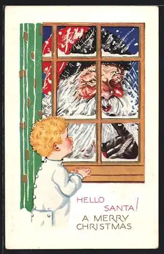 AK Hello Santa! A Merry Christmas, Junge erblickt Weihnachtsmann