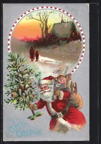 Lithographie A Merry Christmas, Weihnachtsmann mit Bäumchen und Geschenken