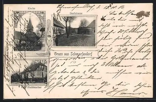 AK Schmarfendorf, Villa Stuhlmacher, Kirche, Dorfstrasse
