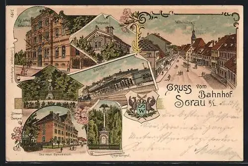 Lithographie Sorau / Zary, Bahnhof, Kgl. höhere Webeschule, Postgebäude