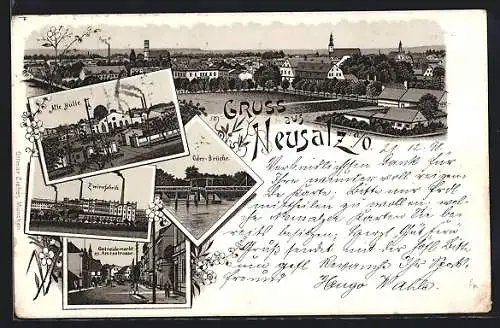 Lithographie Neusalz a. O., Alte Hütte, Zwirnfabrik, Oder-Brücke