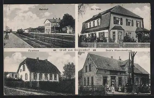 AK Siegersdorf, Bahnhof, Becks Warenhandlung, Forsthaus