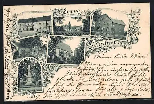 AK Tiefenfurt, G. Böhmes Brauerei, Porzellanfabrik, Kriegerdenkmal