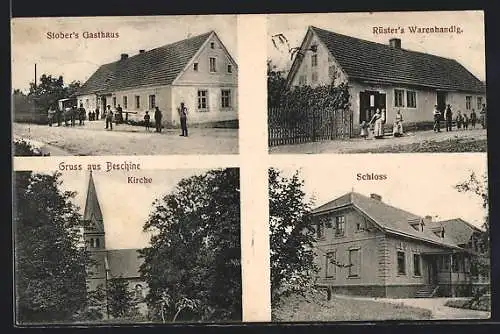 AK Beschine, Stobers Gasthaus, Rüsters Warenhandlg., Kirche, Schloss