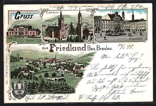 Lithographie Friedland /Bez. Breslau, Bahnhof, Ringansicht, Ev. u. kath. Kirche