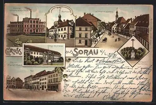 Lithographie Sorau /N. L., Königl. Höhere Webeschule, Wilhelmsplatz, Kgl. Schloss, Krieger-Denkmal