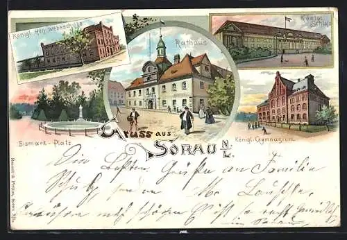 Lithographie Sorau / Zary, Gymnasium, Schloss, Rathaus, Höhere Weberschule