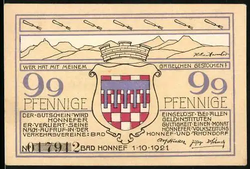 Notgeld Bad Honnef 1921, 99 Pfennig, Bergpanorama, Stadtwappen