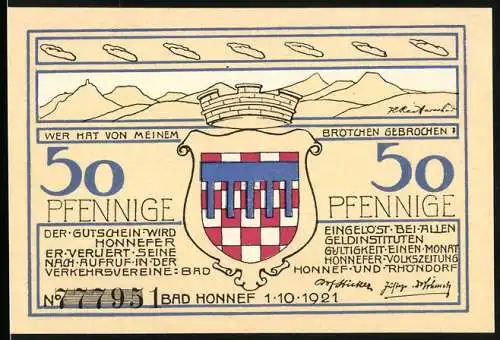 Notgeld Bad Honnef am Rhein 1921, 50 Pfennig, Bergpanorama, Stadtwappen