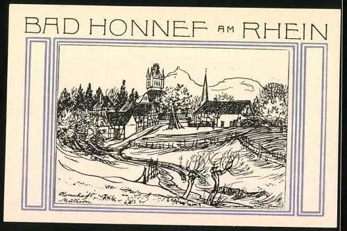 Notgeld Bad Honnef am Rhein 1921, 50 Pfennig, Bergpanorama, Stadtwappen