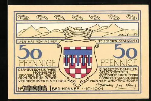 Notgeld Bad Honnef 1921, 50 Pfennig, Bergpanorama, Stadtwappen
