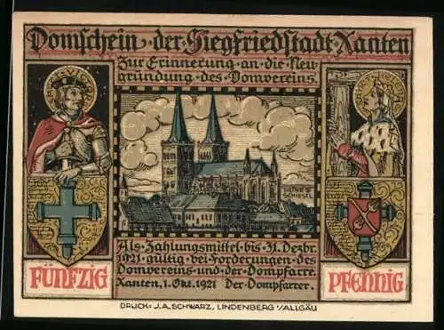 Notgeld Xanten 1921, 50 Pfennig, Blick zum Dom, Sanct Victor u. Sanct Helena mit Wappen