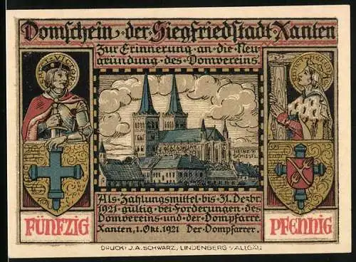 Notgeld Xanten 1921, 50 Pfennig, Blick zum Dom, Sanct Victor u. Sanct Helena mit Wappen