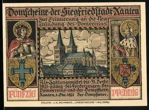 Notgeld Xanten 1921, 50 Pfennig, Blick zum Dom, Wappen