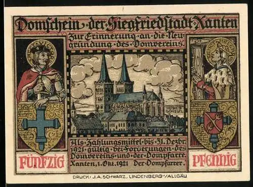 Notgeld Xanten 1921, 50 Pfennig, Blick zum Dom, Sanct Victor u. Sanct Helena mit Wappen