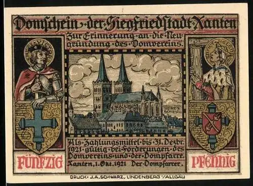 Notgeld Xanten 1921, 50 Pfennig, Blick zum Dom, Sanct Victor u. Sanct Helena mit Wappen