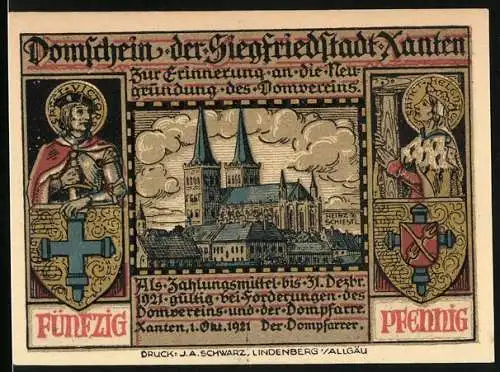 Notgeld Xanten 1921, 50 Pfennig, Blick zum Dom, Sanct Victor u. Sanct Helena mit Wappen