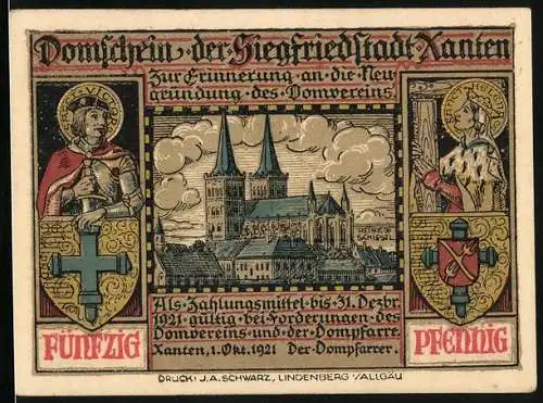 Notgeld Xanten 1921, 50 Pfennig, Blick zum Dom, Wappen