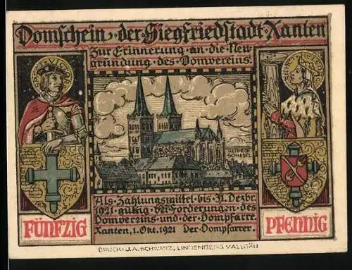 Notgeld Xanten 1921, 50 Pfennig, Blick zum Dom, Wappen