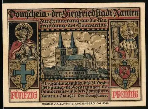 Notgeld Xanten 1921, 50 Pfennig, Blick zum Dom, Sanct Victor u. Sanct Helena mit Wappen