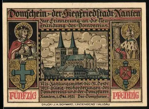 Notgeld Xanten 1921, 50 Pfennig, Blick zum Dom, Sanct Victor u. Sanct Helena mit Wappen