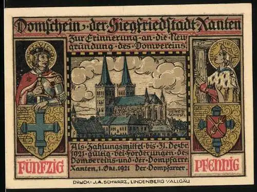 Notgeld Xanten 1921, 50 Pfennig, Blick zum Dom, Sanct Victor u. Sanct Helena mit Wappen