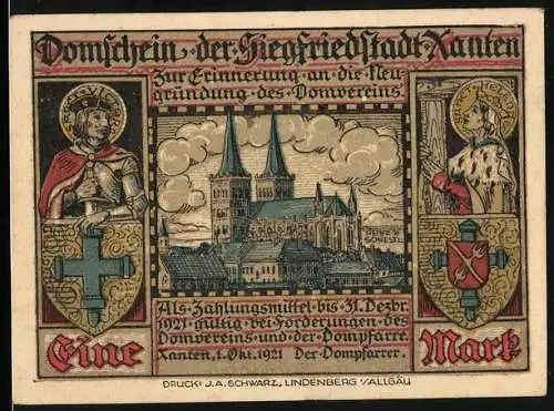 Notgeld Xanten 1921, 1 Mark, Blick zum Dom, Sanct Victor u. Sanct Helena mit Wappen