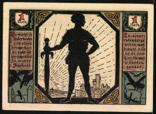 Notgeld Xanten 1921, 1 Mark, Blick zum Dom, Sanct Victor u. Sanct Helena mit Wappen