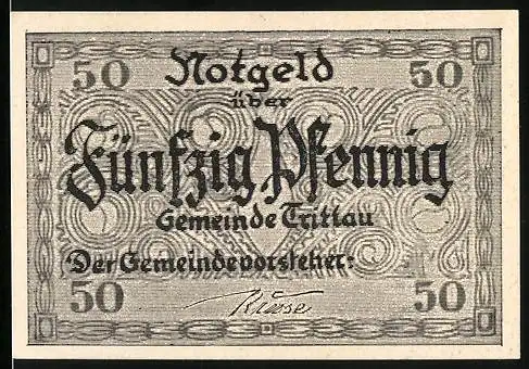 Notgeld Trittau, 50 Pfennig, Gebäudeansicht, Wappen