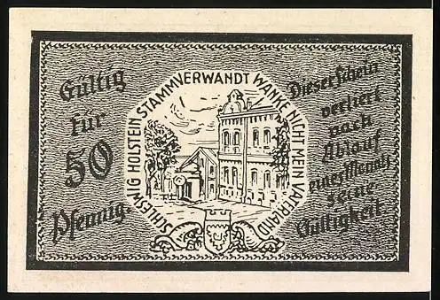 Notgeld Trittau, 50 Pfennig, Gebäudeansicht, Wappen