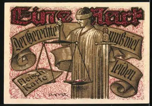 Notgeld Tonndorf-Lohe 1921, 1 Mark, Justitia mit Fleischkarte auf Waage