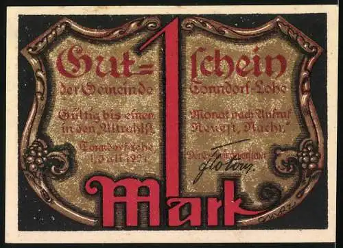 Notgeld Tonndorf-Lohe 1921, 1 Mark, Justitia mit Fleischkarte auf Waage
