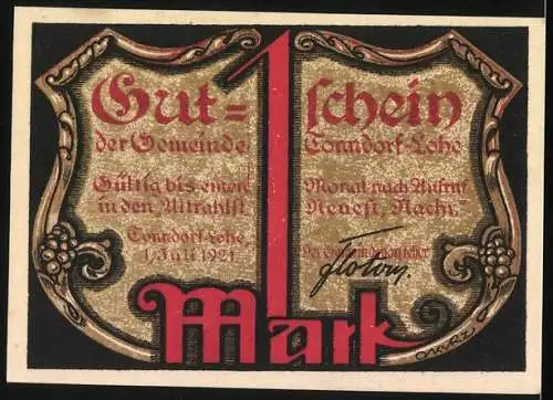 Notgeld Tonndorf-Lohe 1921, 1 Mark, Justitia mit Fleischkarte auf Waage