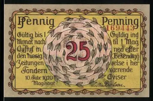 Notgeld Tondern 1920, 25 Pfennig, Frau mit goldenem Horn, Guldhornet