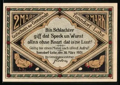 Notgeld Tonndorf-Lohe 1921, 2 Mark, Hühner mit Eiern