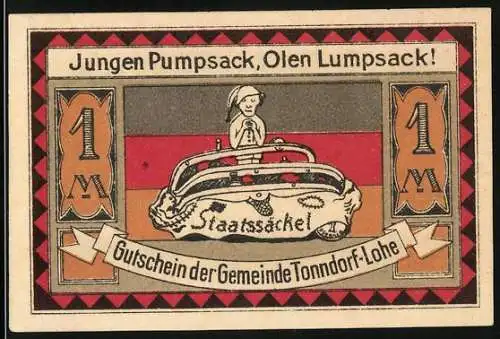 Notgeld Tonndorf-Lohe 1921, 1 Mark, Jungen Pumpsack mit Staatssäckel, Eule