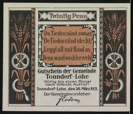 Notgeld Tonndorf-Lohe 1921, 20 Pfennig, Bauer bei der Aussaat