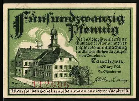Notgeld Teuchern 1921, 25 Pfennig, Soldat und Bauern auf dem Feld, Wappen mit Ritter, Rathaus