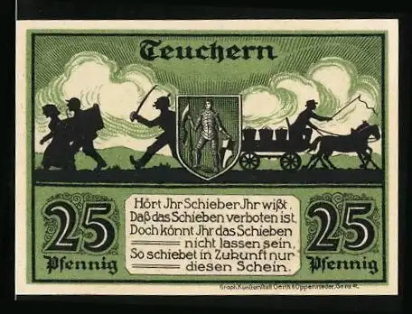 Notgeld Teuchern 1921, 25 Pfennig, Soldat und Bauern auf dem Feld, Wappen mit Ritter, Rathaus