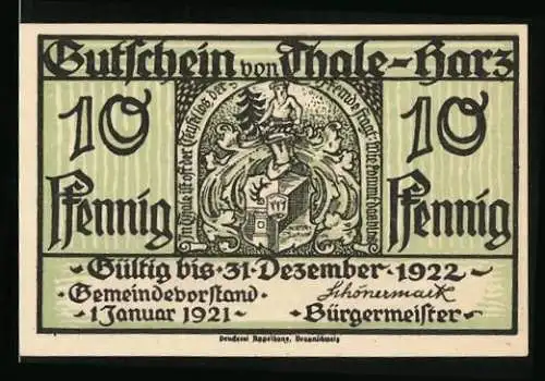 Notgeld Thale /Harz 1921, 10 Pfennig, Wappen